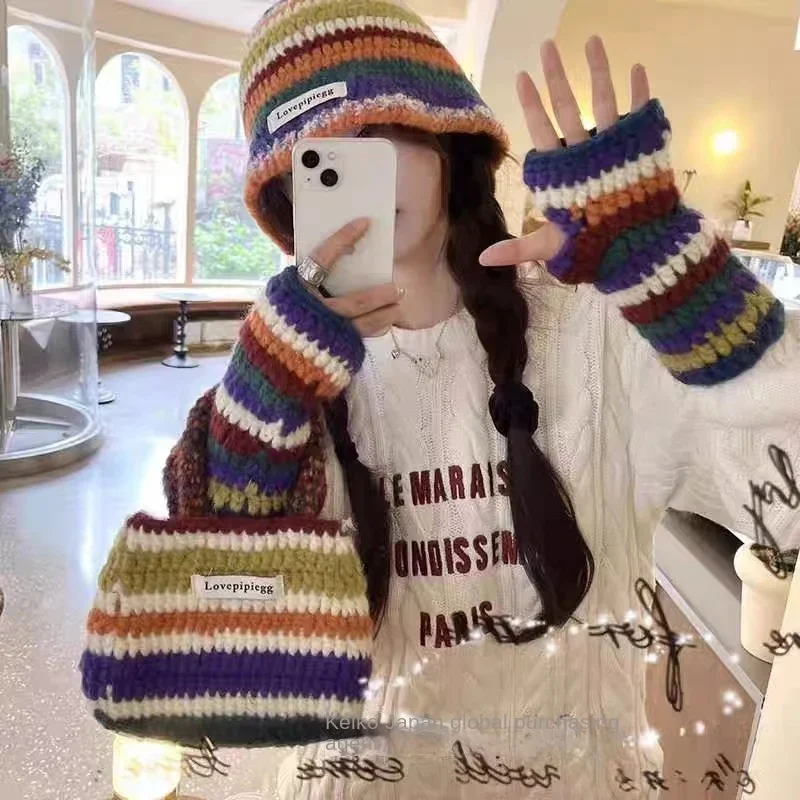 Rainbow Striped Knitted Bucket Hats for Women Autumn Winter Warm Panama Y2K Beanies Set with Gloves Bag Designer Cute Funny Hat