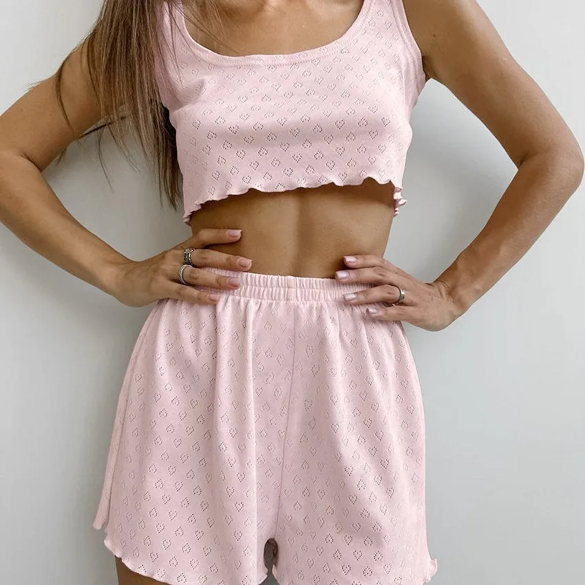 Summer 2026 Women's Pink Jacquard Two Piece Loungewear Set Casual Breathable Vest Shorts European American Style L Size 2 Pieces