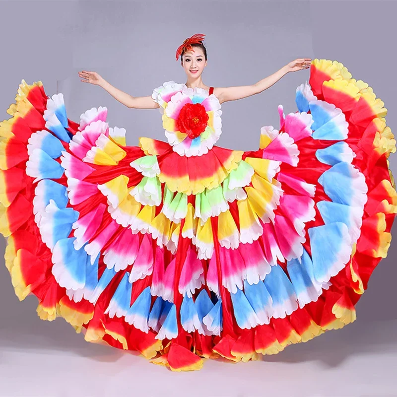 Flamenco Jurk Moderne Dans Zigeunerrok Grote Bloemblaadje Jurk 180/360/720 Graden Vrouwen Spanje Spaans Koor Stage Performance kostuum