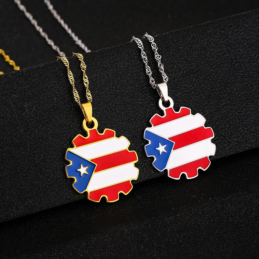 Fashion Stainless Steel US Puerto Rico Map Flag Pendant Necklace for Men Women Gold Silver Color Maps Jewelry Gift