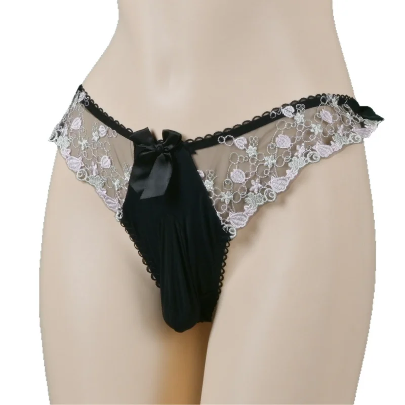Mens Sexy Panties Lace Low Waist Thong Satin Pouch Underwear Silky Smooth Flower Embroidered See-Through Sissy Lingerie