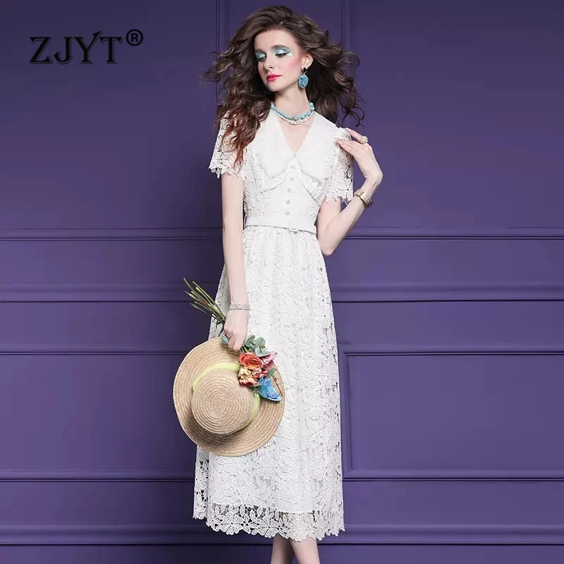 

ZJYT Women's Summer White Crochet Lace Dress 2024 Runway Designer Short Sleeve Midi Party Dresses Elegant Vestidos Femininos