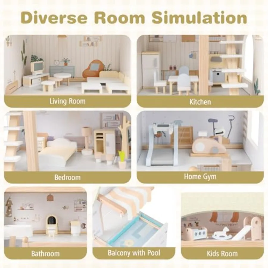 Wooden Dollhouse for kids' pretend play, natural wood finish, modern white-gray design with balcony and pool, eco-friendly dura