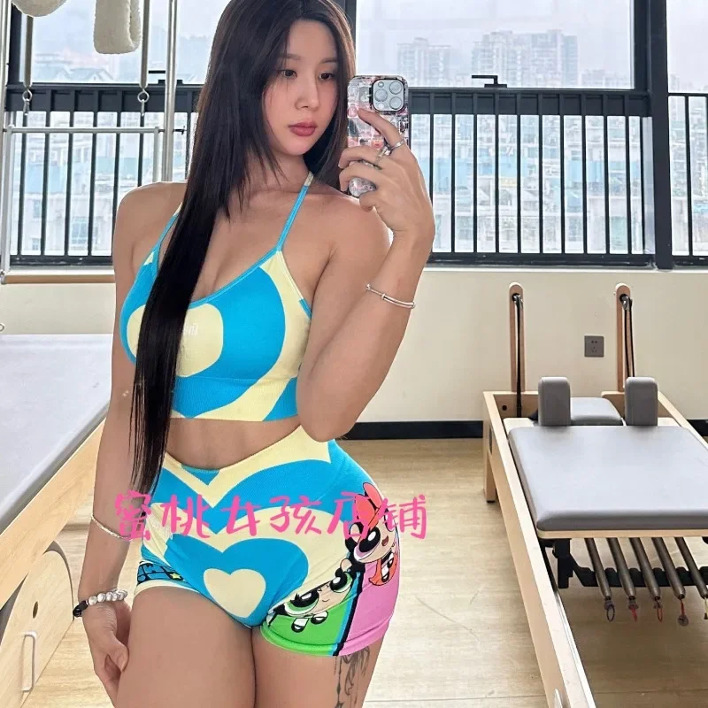 Anime The Powerpuff Girls Series Girls Sexy Yoga Sportswear Set Cute Sports Bra Tight Shorts Kawaii Quick Drying Fitness Suit