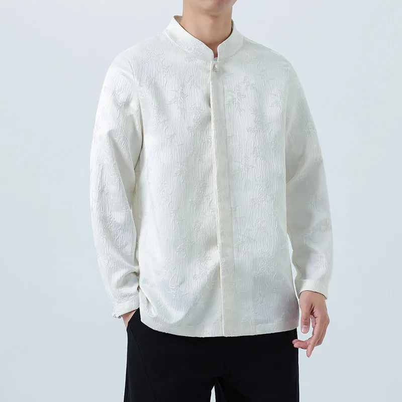 Women New Chinese Style Long Sleeve Shirt Mandarin Collar Jacquard Fabric Frog Button Closure Vintage Oriental Blouse