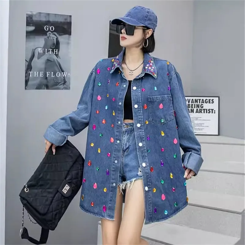 Fashion Diamond Blue Thin Denim Shirt Coat Women Casual Lapel Single-breasted Long Sleeve Jeans Jackets Streetwear Spring New