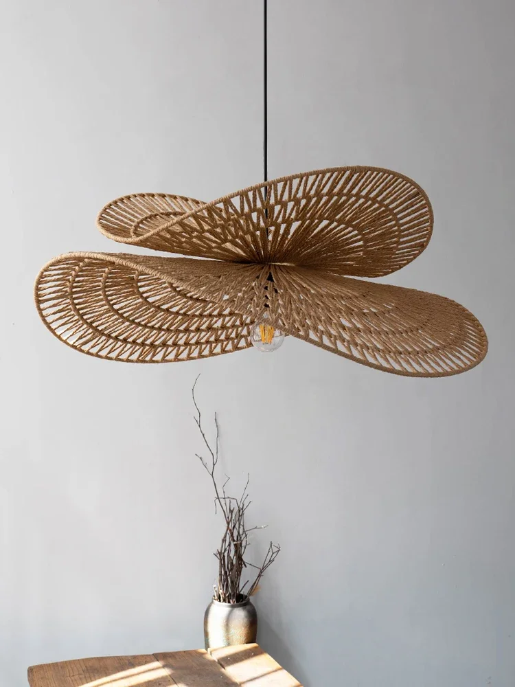 Wabi Sabi Pendant Light Retro Handmade Rattan Lamp Creative Hemp Rope Woven Lightshade Dining Room Lighting Loft Farmhouse