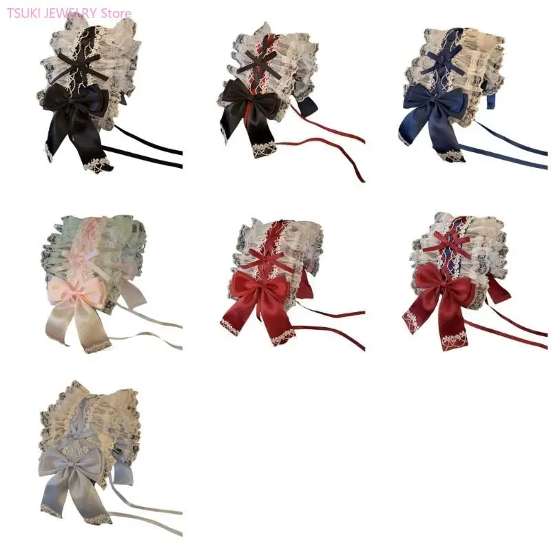62KE Stijlvolle Lolita-hoofdband Gegolfd kant en strik Hoofddeksels Verstelbare haarbandaccessoire voor en feestkleding