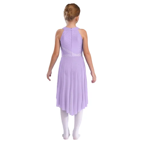 Imagen 2 del producto Ropa de baile suave de Ballet para niñas, vestido de malla transparente, vestido lírico de patinaje sobre hielo, leotardo puesta en escena con diamantes de imitación brillantes, Ropa de baile