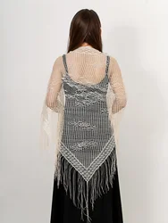 Elegante chal triangular ondulado de encaje, malla hueca, bufanda fina y transpirable con borlas, vestido de noche para fiesta, chal versátil, bufandas de boda