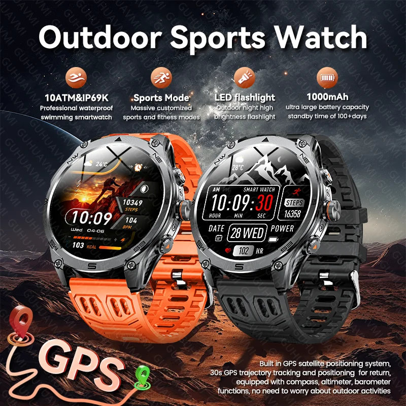 

New Outdoor GPS Track Smart Watch 1000mAh Battery Bluetooth Call Flashlight Men Sports Real 10ATM Waterproof Swimming Smartwatch