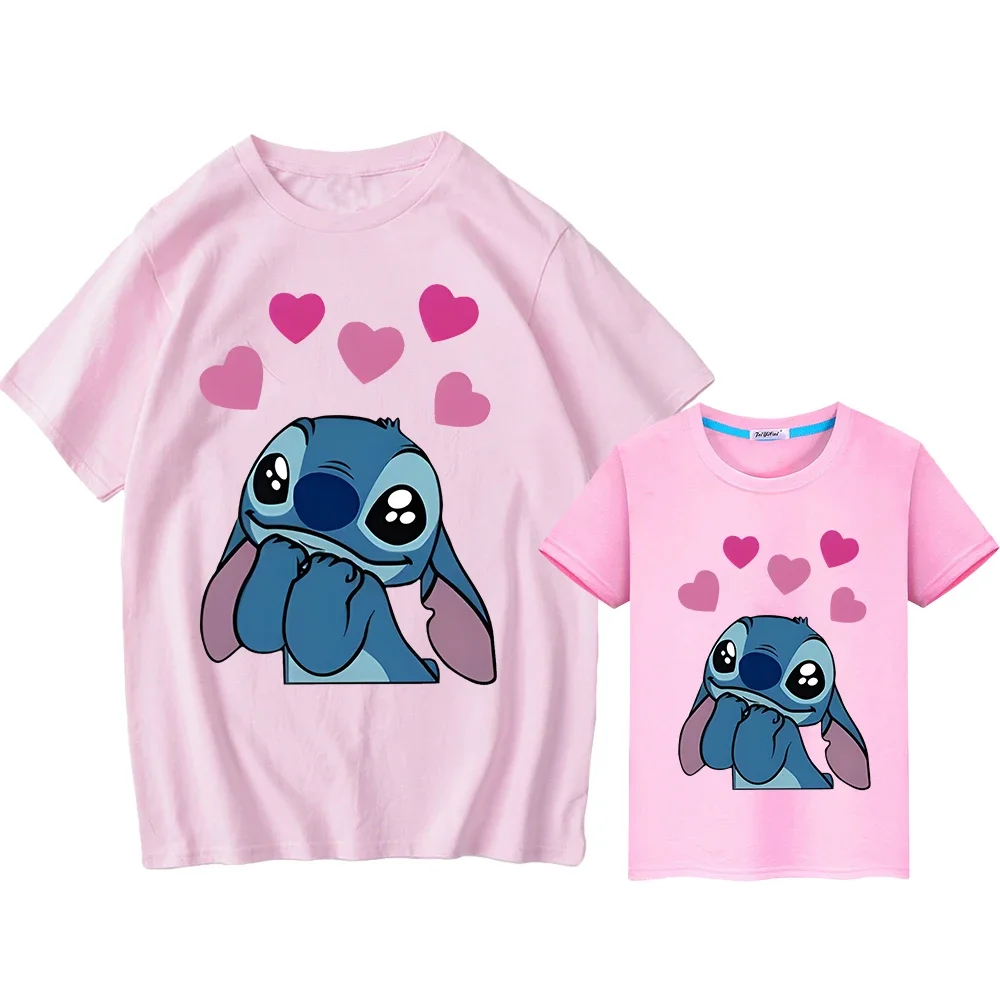 Stitch Disney Print 100%Cotton t shirt for kids boy girl mom and daughter matching clothes Kawaii Men women Short anime Tops y2k