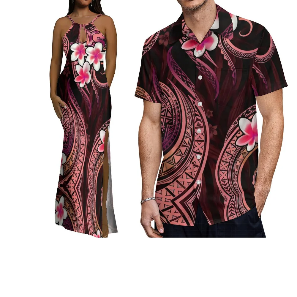 Polinésia casal feito sob medida retro impressão design verão senhoras vestido elegante e camisa casual masculina conjunto de duas peças