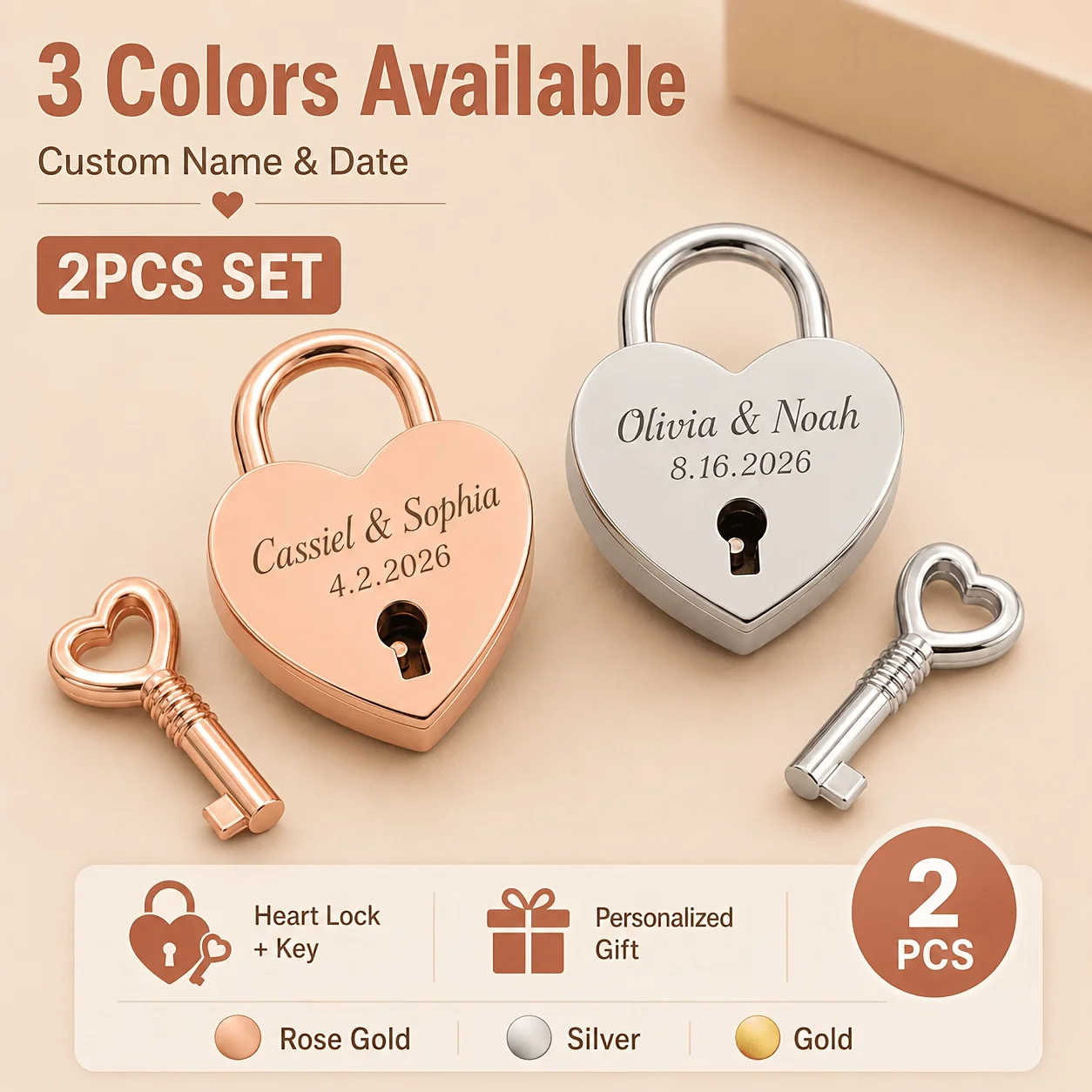 2Pcs Personalized Engraved Love Locks, Wedding and Travel Commemorative Locks, Custom Padlocks with Couple's Names and Date, Available in Gold, Silver, Rose Gold, for Proposals, Bridges, Anniversaries, and Ceremonial Occasions, Suitable for Couples/Lovers, Romantic Keepsakes and Gifts, Valentine's Day Gifts, Wedding Locks, Travel Locks, Commemorative Locks