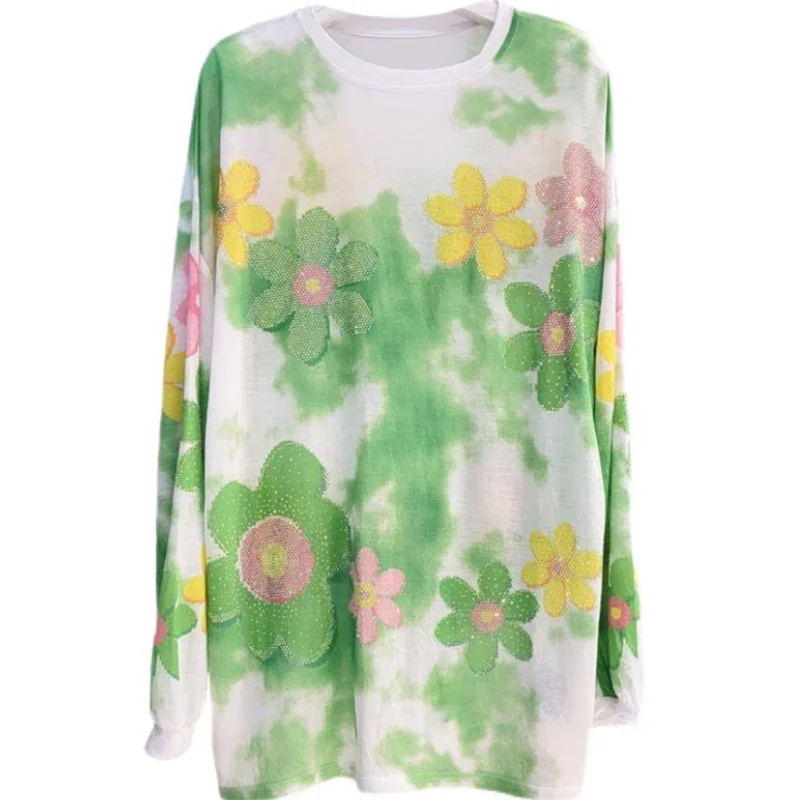 

2022 summer new pink diamond flower long-sleeved round neck top women's shirt