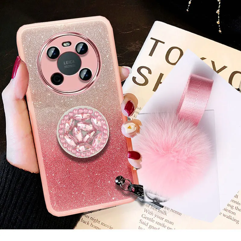 Honorx9 5G Luxury Fur Ball Lanyard Case For Huawei Honor X9 4G X8 X9a Nova 9 se Glitter Case Honor X 9 With Diamond Holder Cover