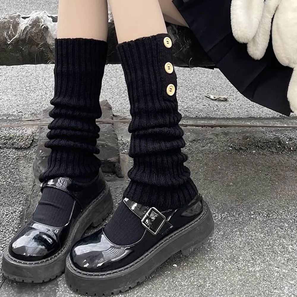 Crochet Lolita Leg Warmers Fluffy Retro Buttons Decoration Knitted Boot Cuffs Warm Foot Cover Stretchy Long Knitted Socks