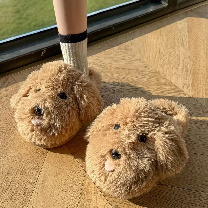 Cute 3D Cartoon Teddy Dog Plush Slippers for Women Winter Warm Furry House Slides Lovely Puppy Design Non Slip Thick Sole Indoor