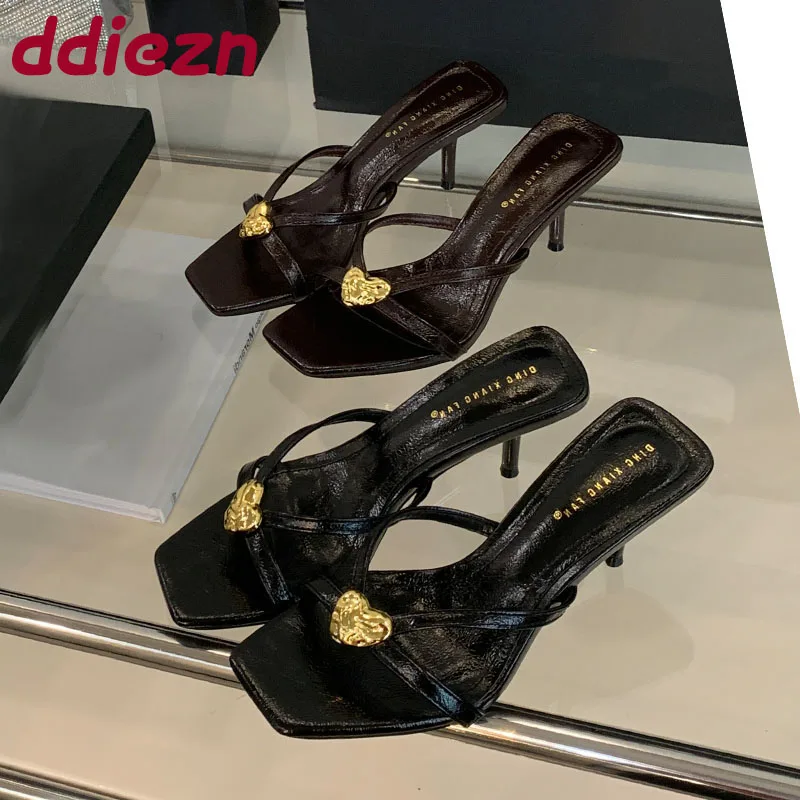 

New 2025 Fashion Metal Women Heeled Slippers Shoes Square Toe Ladies High Heels Slippers Female Slides Sandals Footwear Pumps