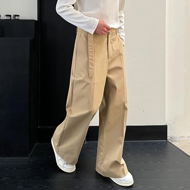 IEFB Solid Color Men's Suit Pants Korean Style Pleated Belt Trousers Straight Wide Leg Casual Male Bottom New Simple 2024 9C7875