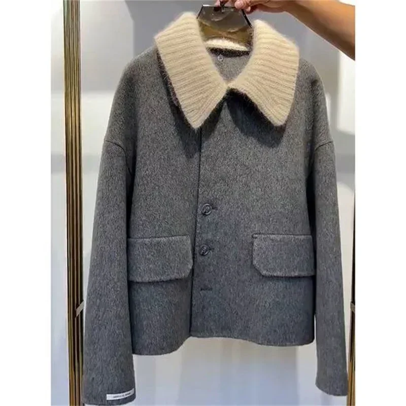 Boreathiman 2024 Luxury Women Woolen Coat Winter Detachable Knitted Collar Double-Sided Jackets Elegant Office Ladies Outerwear