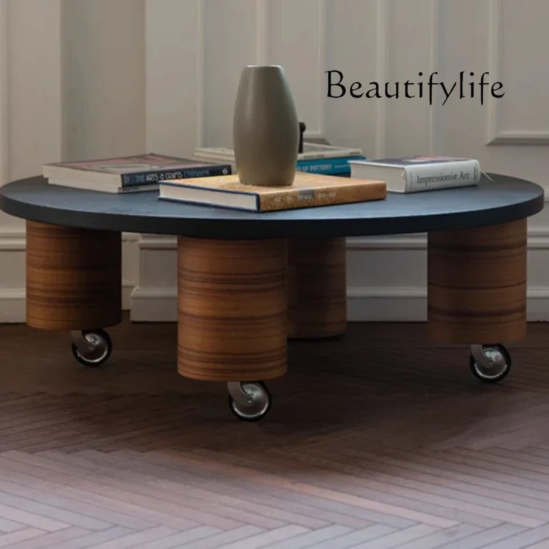 

E Unique Aesthetic Side Tables Black Wheels Portable Designer Coffee Table Round Nordic Wood Mesa De Centro Sala Furniture