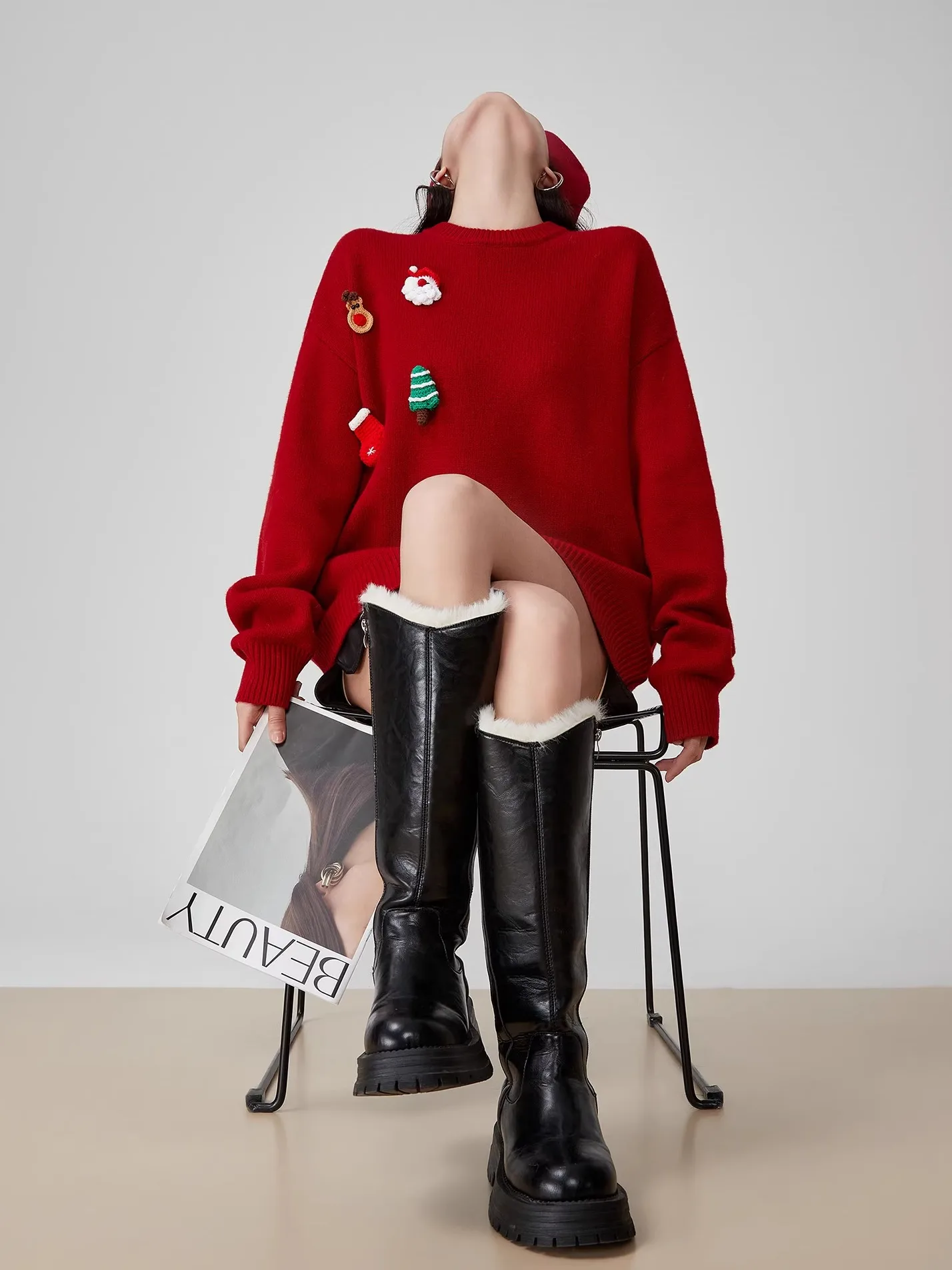 

Cisas Aosphere Red Overhead Sweater Women's Spring New 3D Cartoon Embroidery Loose Fit Long Sve Knitted Sweater