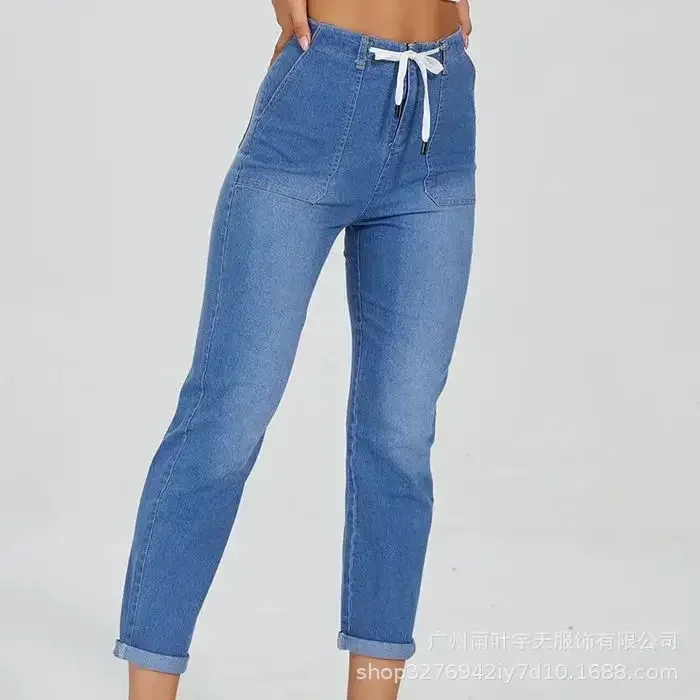 Mulheres jeans denim mãe tornozelo comprimento lápis calças bolsos cintura alta fino ajuste streetwear y2k lavagem retalhos rendas até jeans