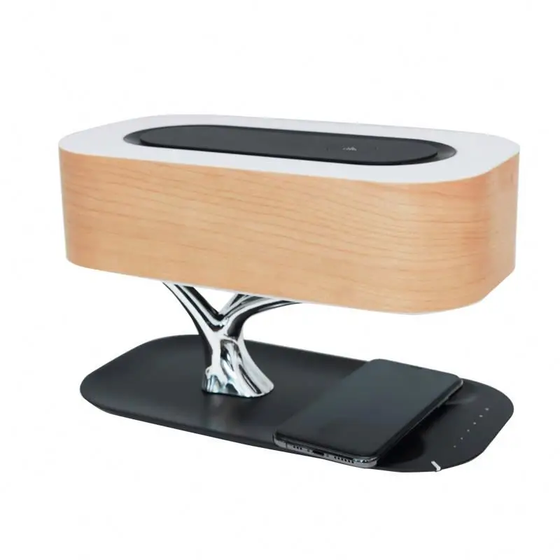 Lâmpada de mesa multifuncional hometree, lâmpada de mesa de madeira para quarto com alto-falante, carregamento sem fio, luz noturna