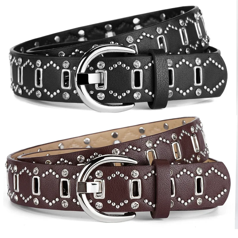 

men fashion rivets belts black brown soft leather studded belt party banquet dress womens stylish waistband pin buckle strapon