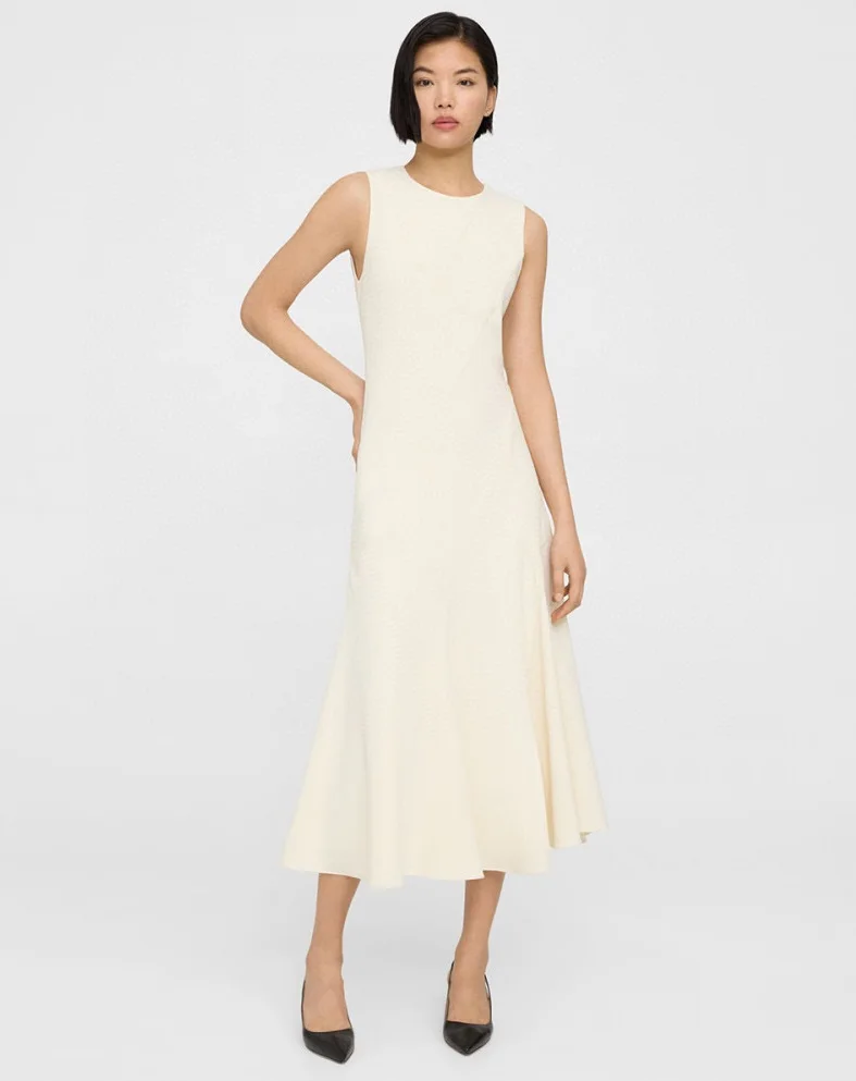 

The0r*y Summer/Spring Women Dress Acetate O-Neck Short Sleeve Solid Color Casual Vintage High Waist Office Lady Patchwork