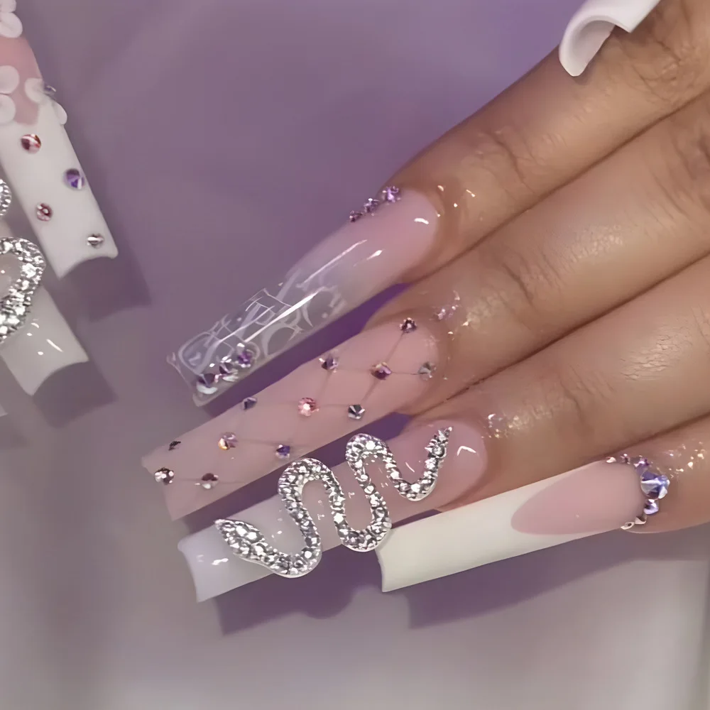 

24Pcs Long Square French Press on Nails Pink White Gradient Design False Nails Serpentine Rhinestone Detachable Fake Nails Tips