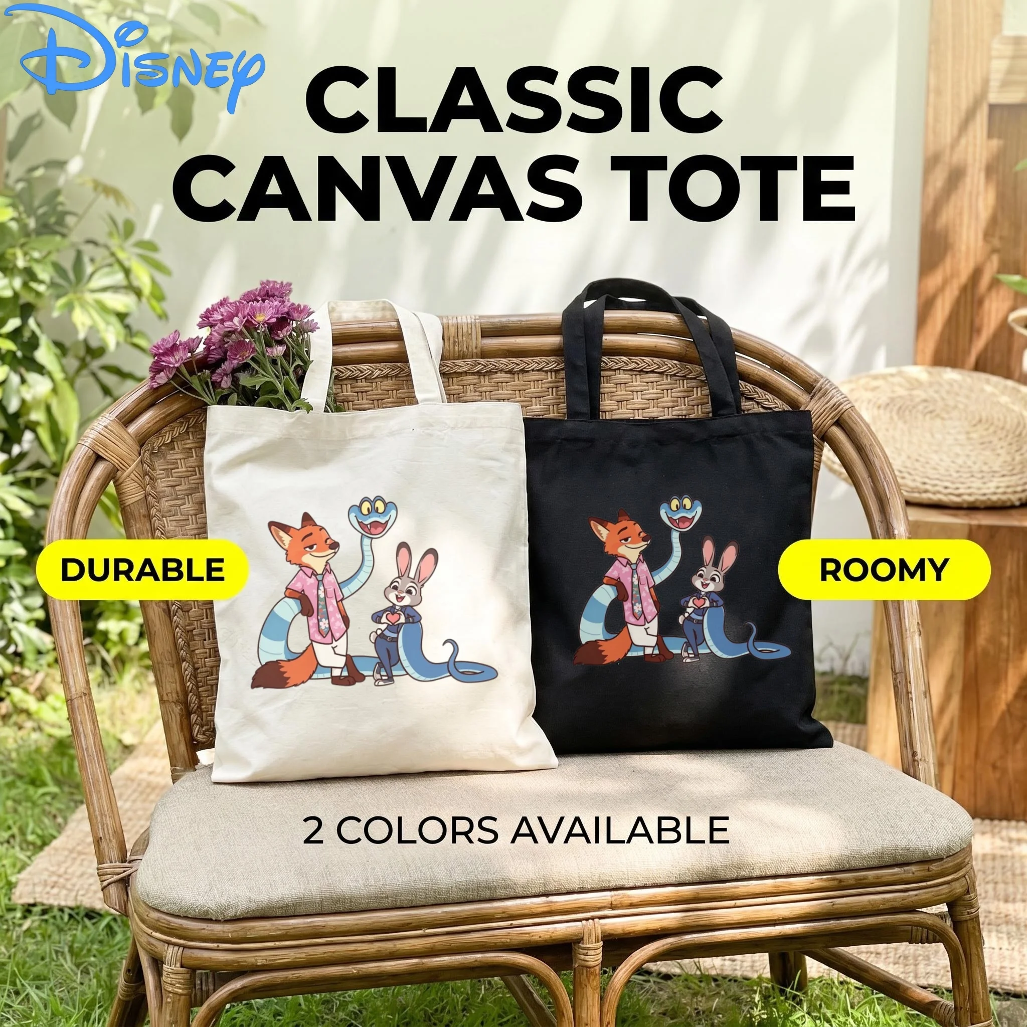 

1PC Disney Zootopia Nick Judy & Snake Friend Canvas Tote Bag, Lovely Trio Cartoon Print Eco Shoulder Bag