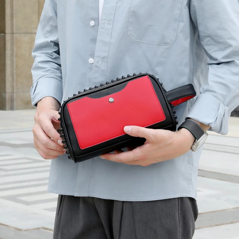 Bolso de mano con diseño de tachuelas a la moda, bolso de piel sintética de alta calidad para hombre, bolso con correa para la cintura estilo Cyberpunk, bolsos de mano superiores para hombre, cartera