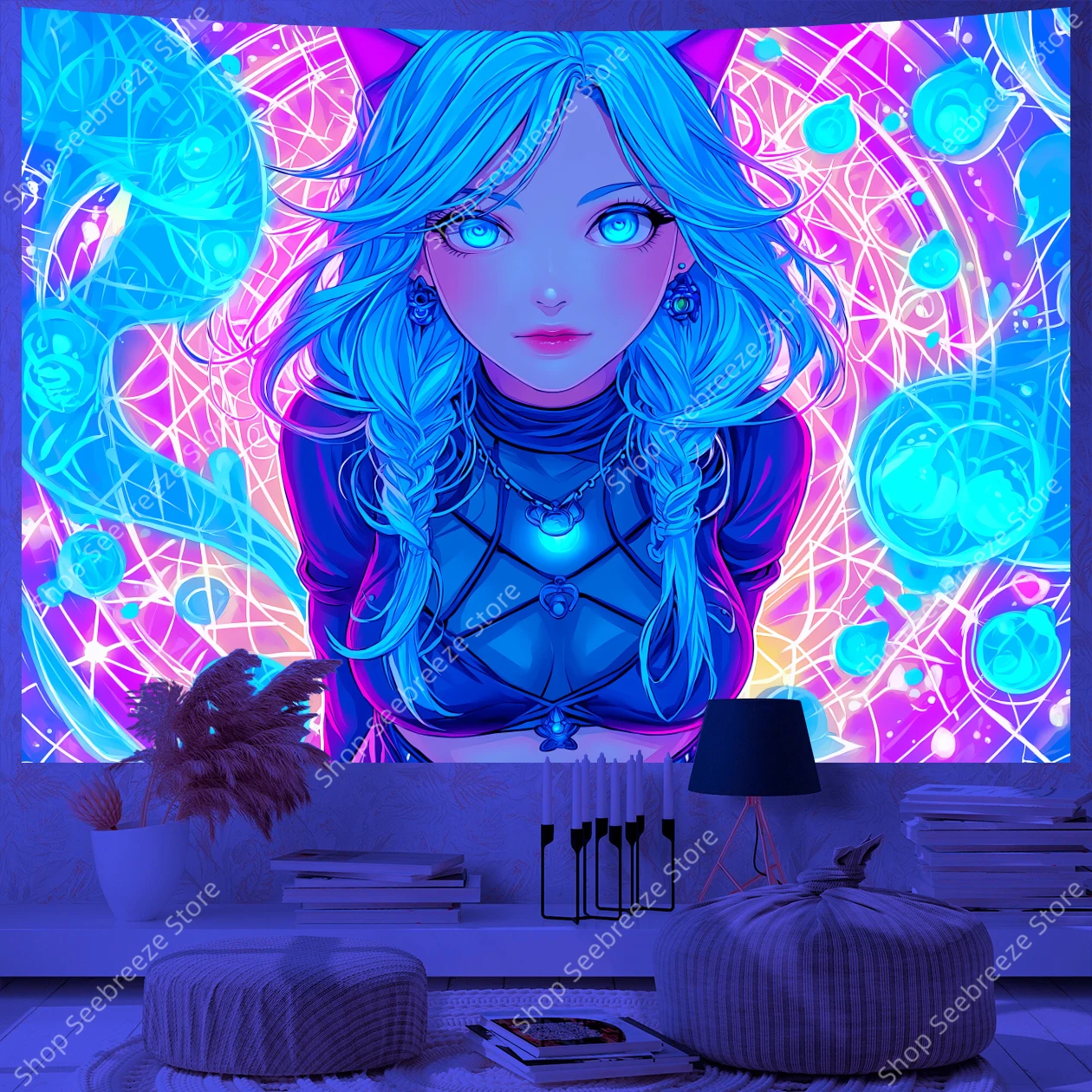 Mystical Blue Haired Woman with Cat Ears UV Tapestry Fantasy Art Wall Hanging for Bohemian Bedroom Living Room Office Decor