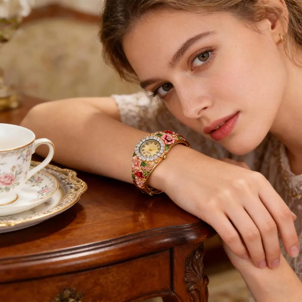 Women Metal Watch Elegant Ladies Floral Bangle Watch with Rhinestone Accents Sparkly Round Dial Quartz Wristwatch Stylish