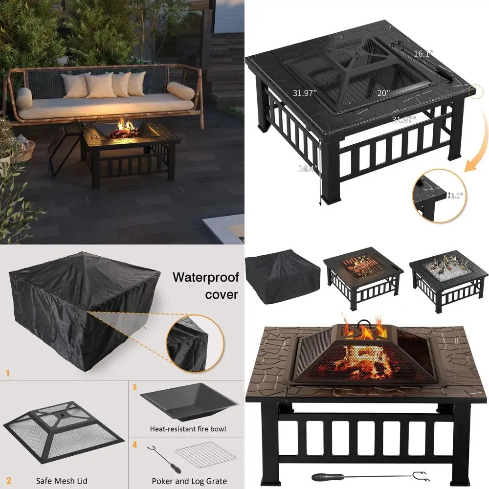 

32-дюймовое квадратное металлическое костровое место для патио с крышкой, кочергой и решеткой для сжигания дров, для уличного обогрева и кемпинга