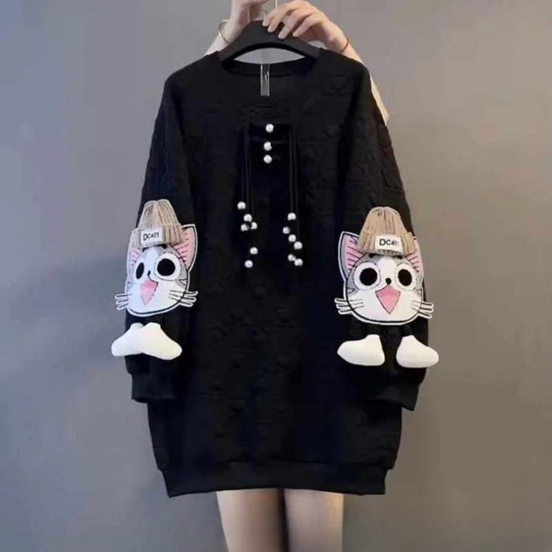 2024 New Hoodie for Women in Spring and Autumn, Medium To Long, Fat, Fashionable, Casual, Loose, Slimming Cat Top