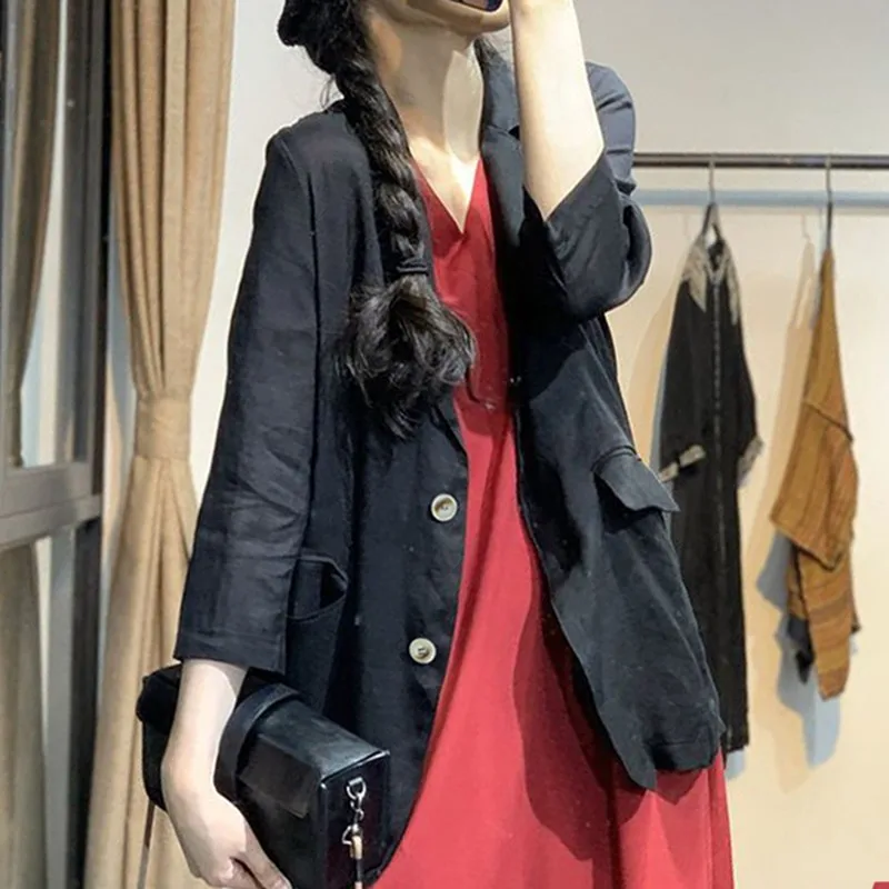 024 New Arrival Spring Summer Arts Style Women Blazers Three Quarter Sleeve Single Breasted Notche Collar Cotton Linen Coat V430