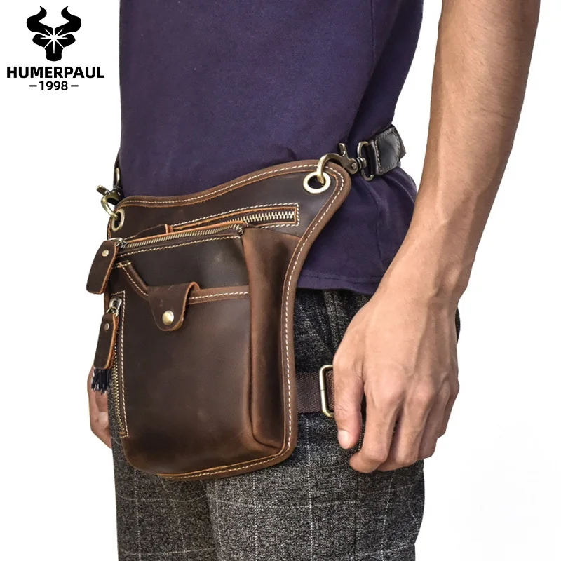 Men Drop Leg Bag Crazy Horse Leather Waist Fanny Pack for Phone High Quality Motorcycle Riding Shoulder CrossBody Casual Belt Ba