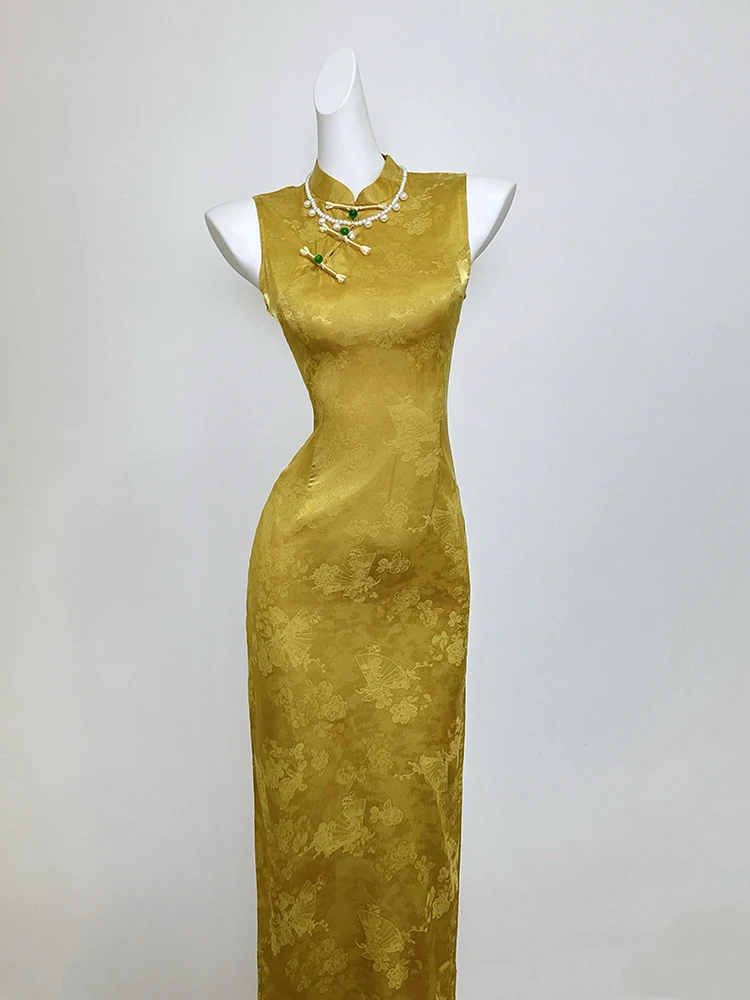 

Желтое традиционное китайское платье в винтажном стиле для молодых девушек, летнее, модное, с низким разрезом, без рукавов, из полиэфирного волокна