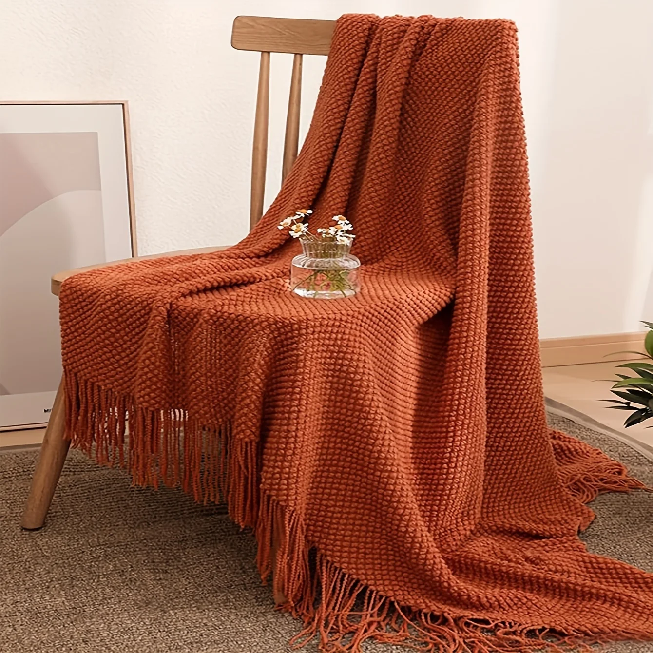 Morandi Orange Tassel Knitted Blanket Soft Warm Throw Blanket Nap Blanket For Couch Sofa Office Bed Camping Travelling