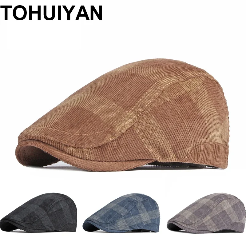 TOHUIYAN-gorros de pana para Hombre y mujer, Boina a cuadros, Boina plana británica, Boina de otoño