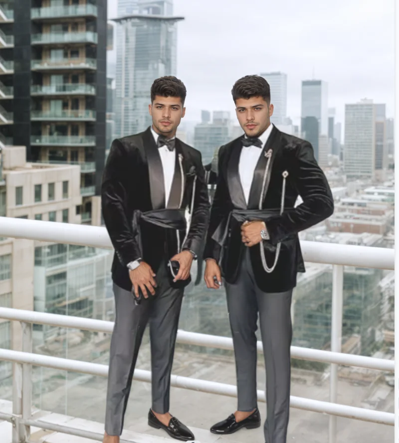 

Black Velvet Man Suits Belt Design Costume Homme Party Stage Men's Suit Groomsmen Regular Fit Tuxedo 2 Peice Set Jacket+Trousers