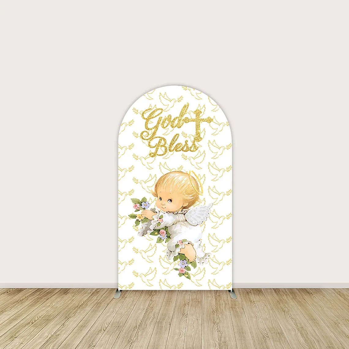 Baptism Arch ฉากหลังฝาครอบ First Holy Communion God Bless การถ่ายภาพฉากหลัง Boho ดอกไม้ Gold Cross Decor