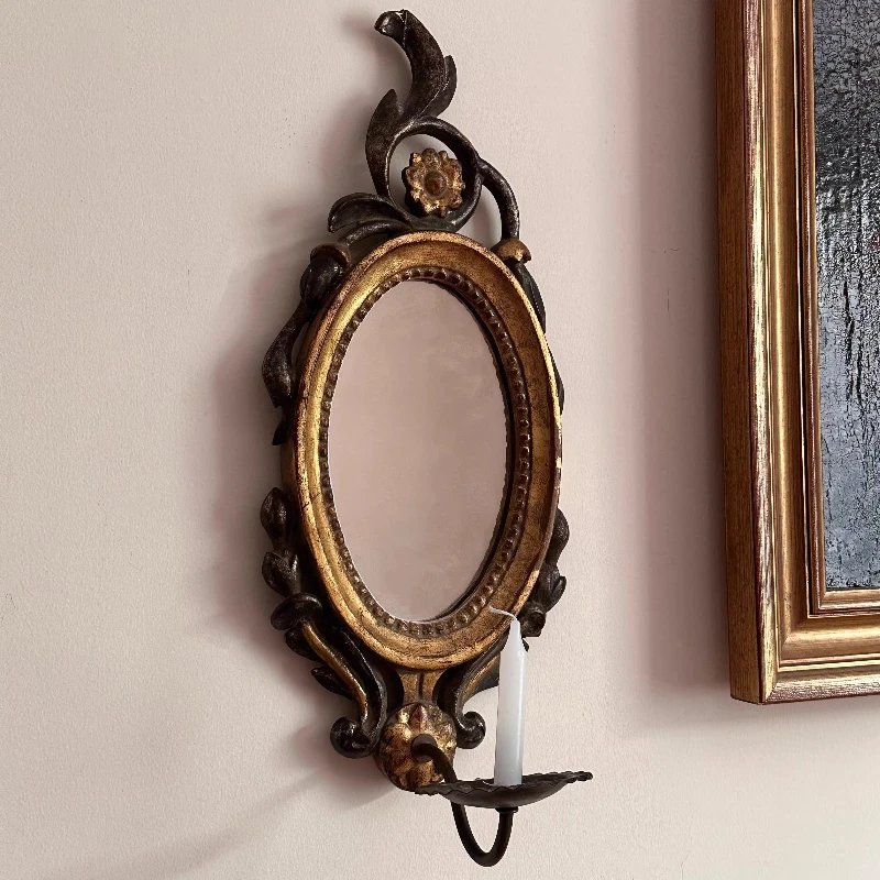 

French 18th century carved beaded wooden frame mirror, baroque church wall candlestick