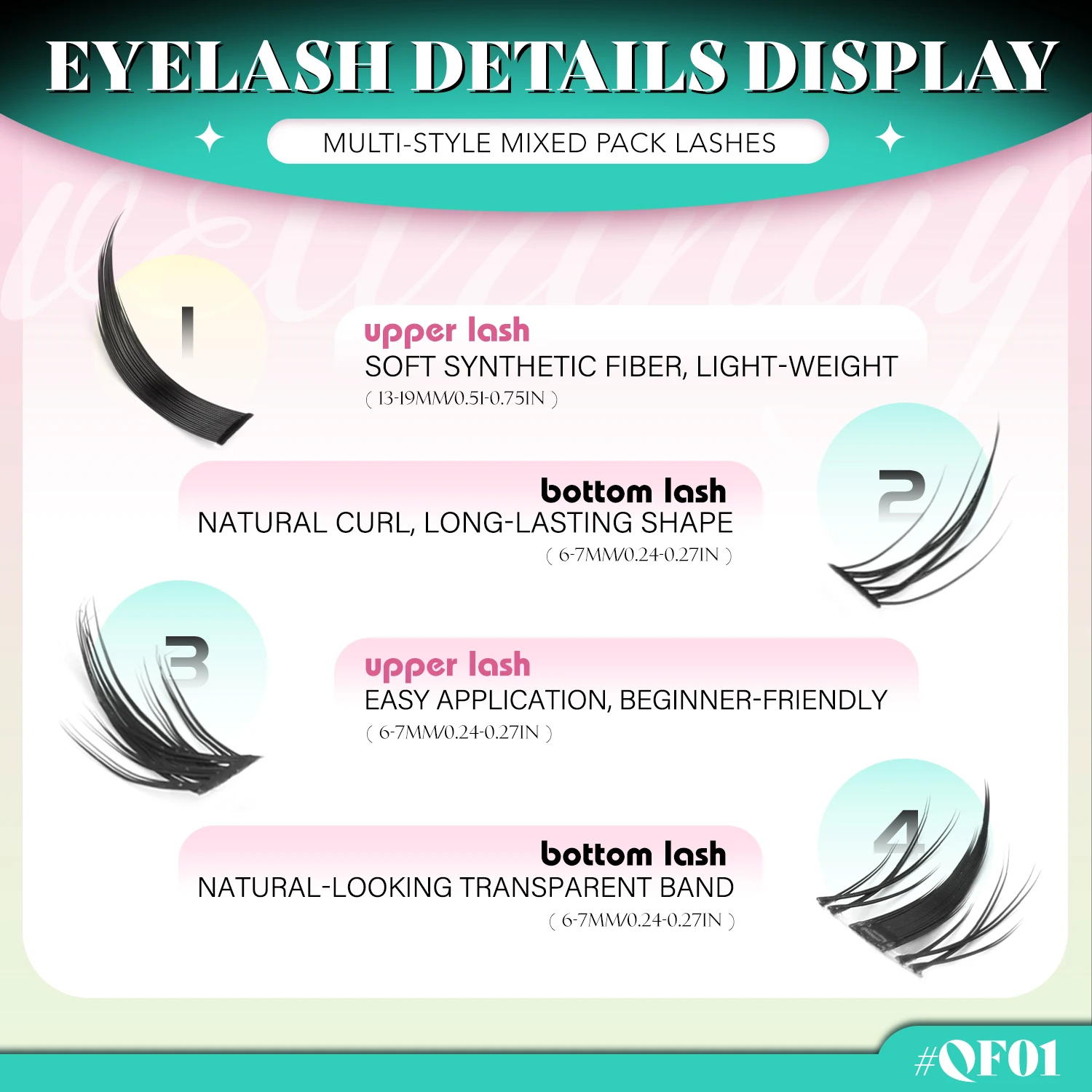 VELTRINAY 4-in-1 Botoom Lashes 1 Stil Spiky + 3 Stile Untere Wimpern Gemischtes Paket Natürlicher Look Wimpernbüschel Transparentes Band für Anfänger – Detail 2