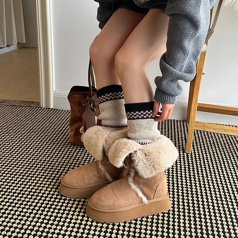 Shoes Women 2025 Winter New Thick Plush Warm Snow Boots Fashion Platform Suede Cotton Shoe Mid-calf Fashion Casual Flats Boots image 5