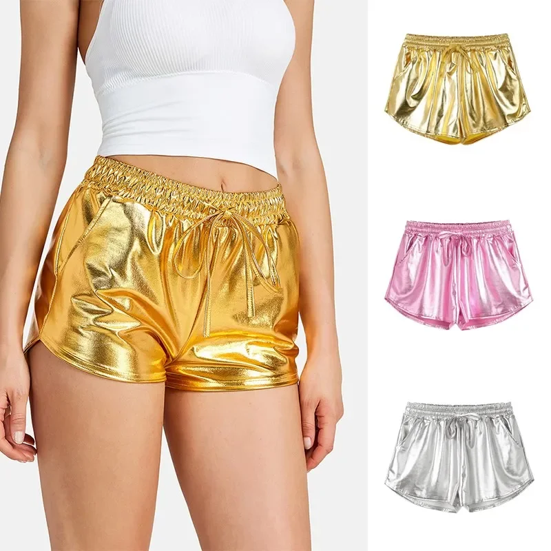 

Women Shorts Pants Sexy Silver Metallic Shorts Mid Waist Solid Shorts 2024 Summer PU Shiny Fashion Night Club Dancing Wear