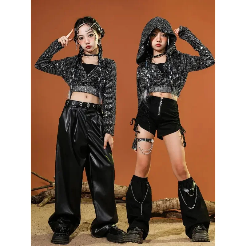 

Children Gilrs Jazz Hip Hop Dance Costumes Sequin Hooded Jacket Leather Pant Kids Hoodie Shorts Sets Stage Fashion Show Clothing